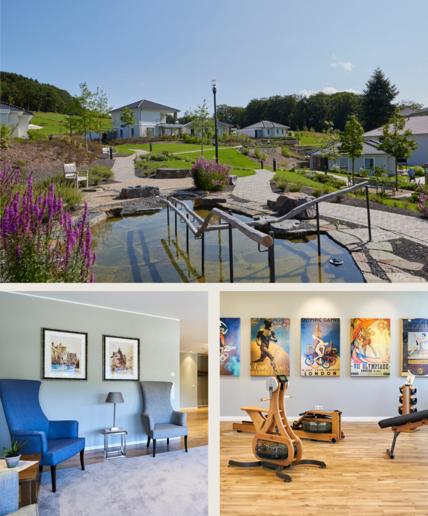 Idyllische Parkanlage, gemütlicher Sitzbereich und Sportsaal im WohnGut Osterseifen