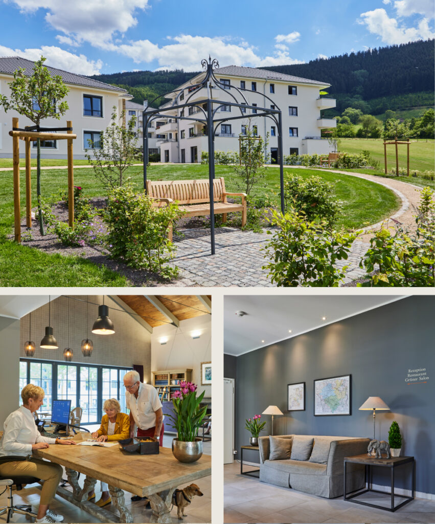 Idyllische Parkanlage, Rezeption und gemütlicher Sitzbereich im WohnGut Saalhausen
