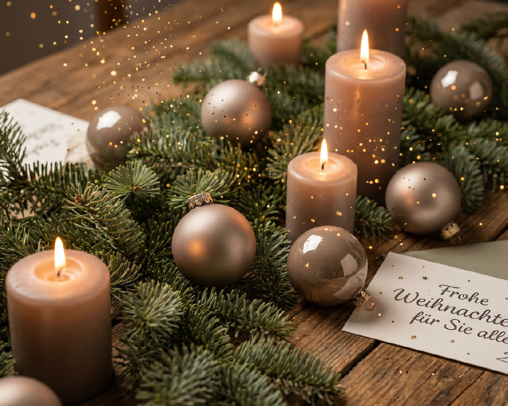 Adventsdeko mit Kerzen und Tannenzweigen in weihnachtlicher Atmosphäre